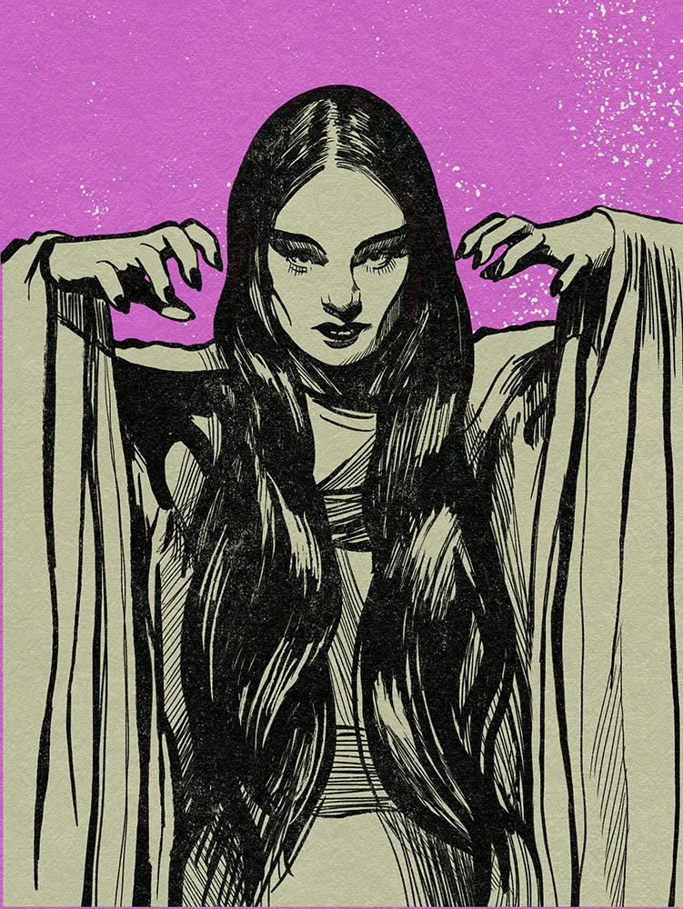 Illustration of a menacing witch.