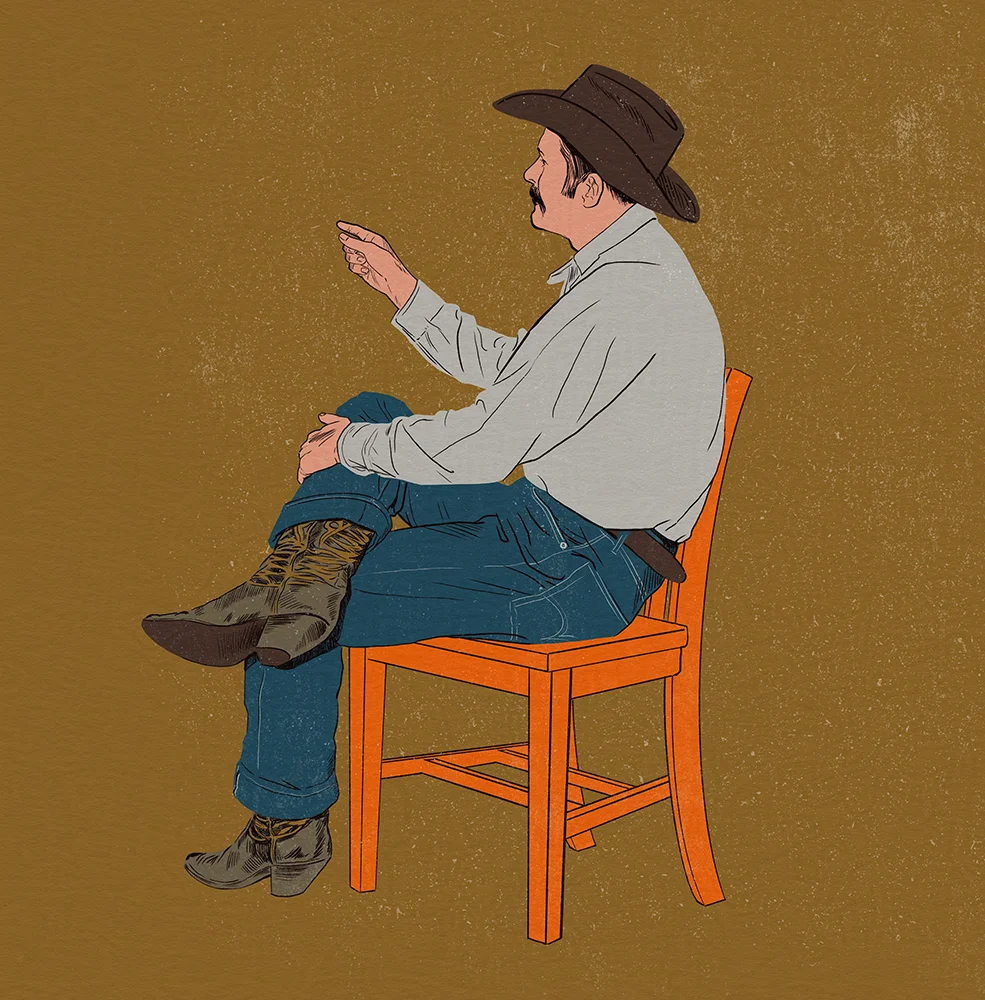 Illustration of opinionated cowboy sitting in chair.