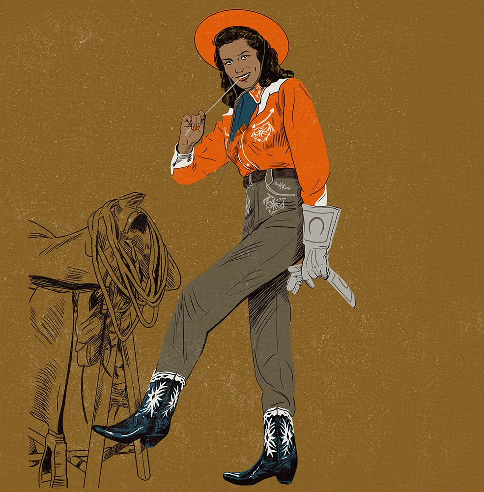 Illustration of happy cowgirl loving life.